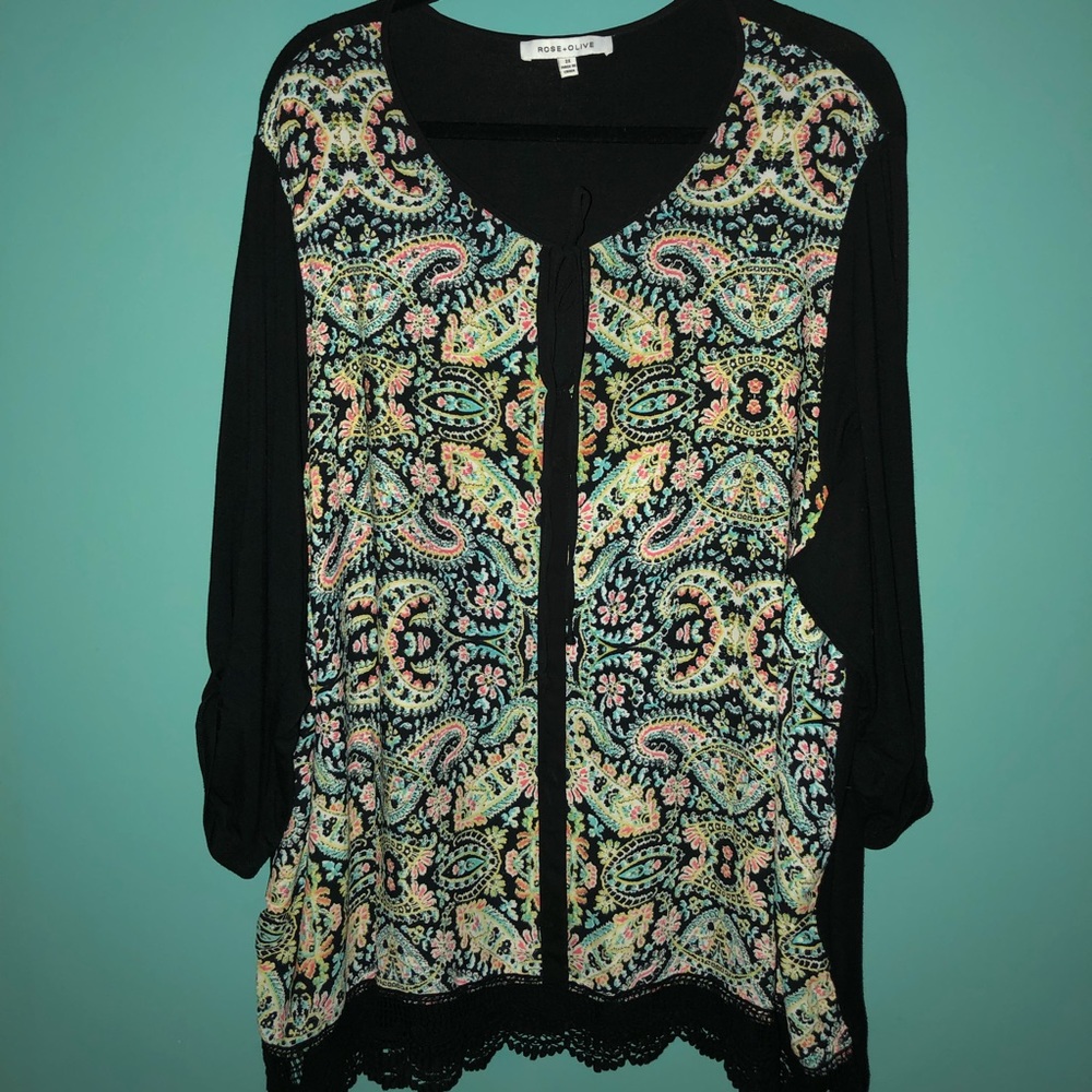 Rose + Olive Print Tie Neck Tunic Boho Print 2X